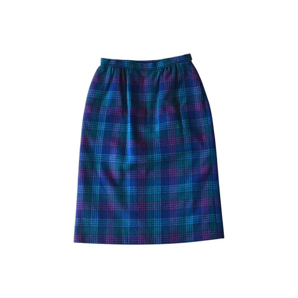 Vintage Plaid Midi Skirt Blue Purple Tartan 25 Waist High Rise